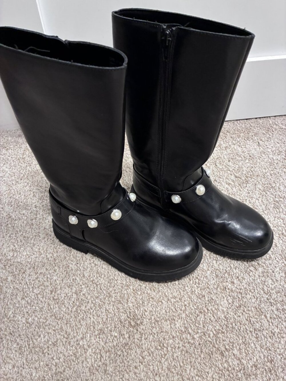 Girls Black Tall Riding Boots with Pearl Strap - Size 2